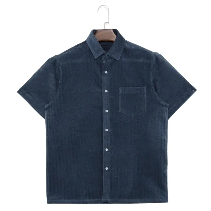 High Quality Men's Casual Embroidered Corduroy Dark Blue Short Sleeve Shirts