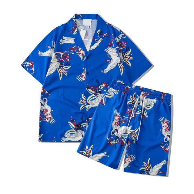 Crane Full Printing Hawaiian Shirts and Shorts Holiday Beach Men's Set Blue
