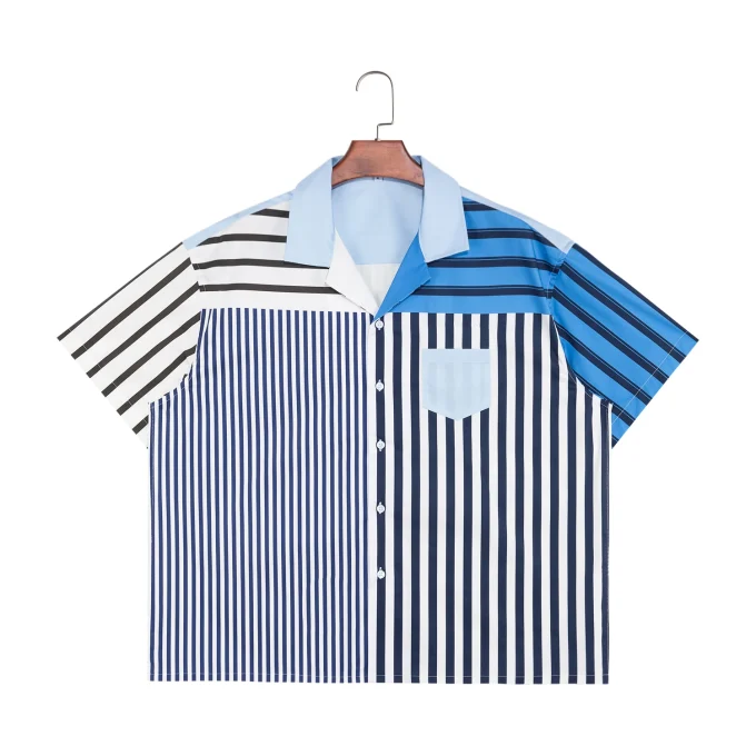 Western Cuban Collar Satin Digital Print Patchwork Causal Men Shirt Plaid Stripe Boxy Fit Short Sleeve Shirts for Men