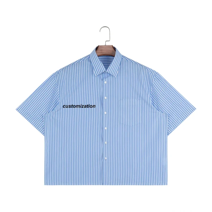 High Quality Casual Blue Striped 100% Cotton Short Sleeve  Button up Shirt for Men