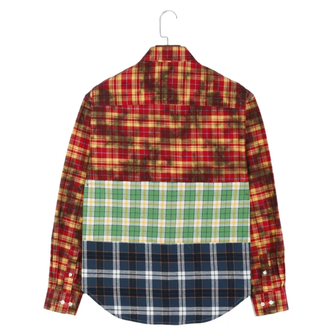 New Arrival Patchwork Plaid Dirty Wash Reversed Placket Men's Long Sleeve Flannel Shirts
