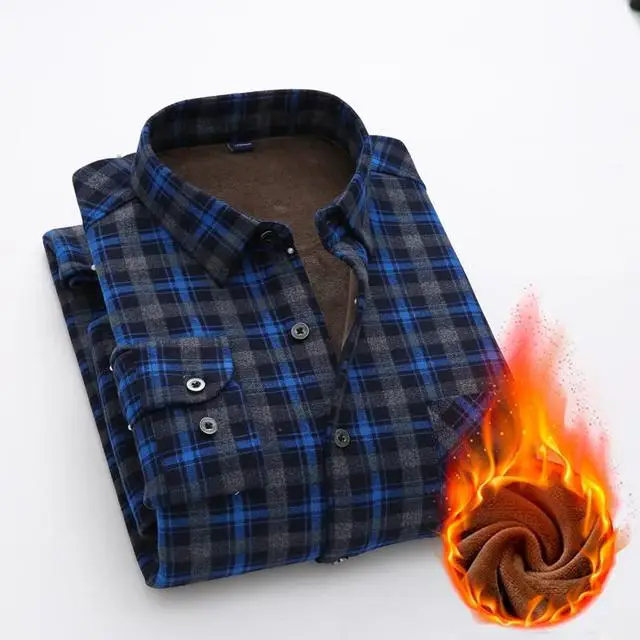 Men Excellent Tailoring Mandarin Collar Thicken Flannel Plaid Shirt