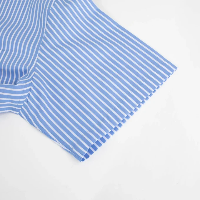 High Quality Casual Blue Striped 100% Cotton Short Sleeve Button up Shirt for Men