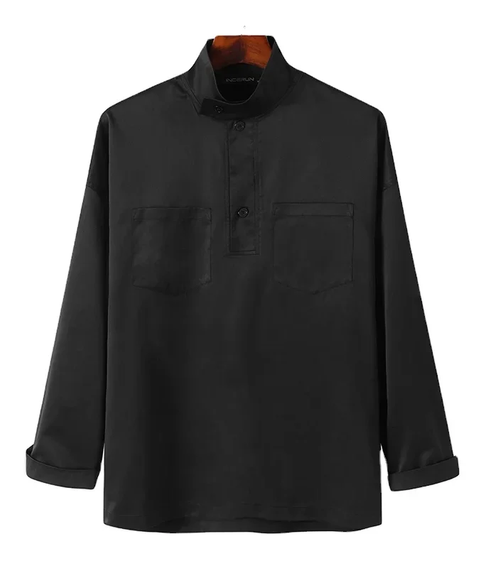 2025 Solid Color Men Shirt Stand Collar Long Sleeve Streetwear Fashion Design Casual Pockets Simple Men Shirt