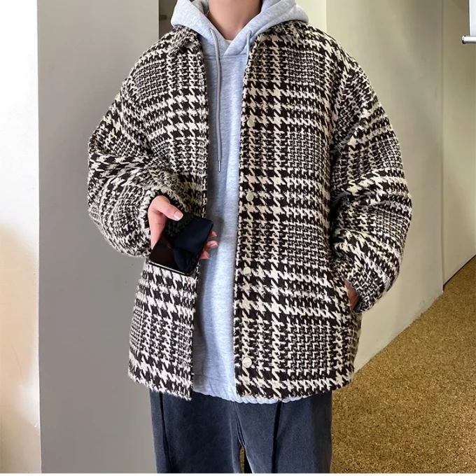 Autumn Plaid Woolen Coat Men Warm Fashion Retro Casual Woolen Jacket Men Korean Loose Long Sleeve Shirts