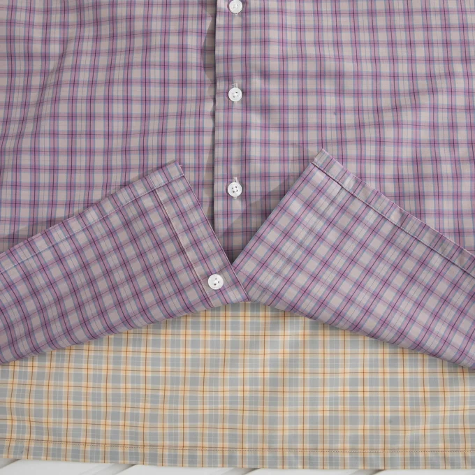 Men's Summer Plaid Shirt Casual Fabric Splicing Hit Color Style Light Purple Short Sleeve Anti-Pilling Available