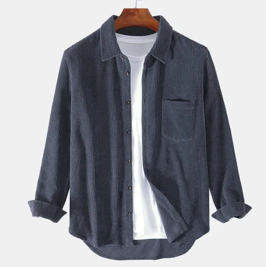 Men's Shirt Plain Style Corduroy Solid Color Casual Long Sleeve Shirts Turn-down Collar Pockets Shirts for Men Clothes