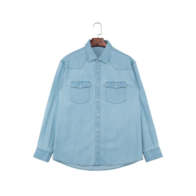Men's Cowboy Fashion Long Sleeve Denim Men's Shirts with Snap Buttons