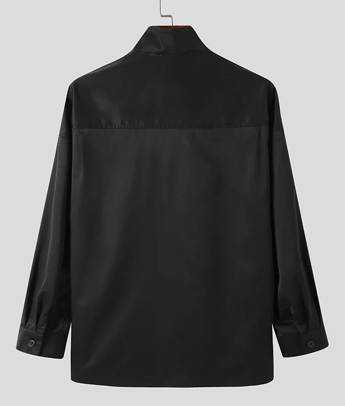 2025 Solid Color Men Shirt Stand Collar Long Sleeve Streetwear Fashion Design Casual Pockets Simple Men Shirt