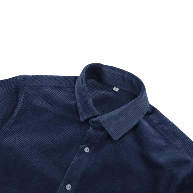 High Quality Men's Casual Embroidered Corduroy Dark Blue Short Sleeve Shirts