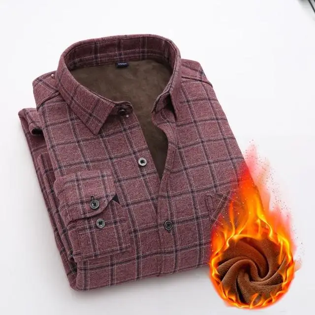 Men Excellent Tailoring Mandarin Collar Thicken Flannel Plaid Shirt