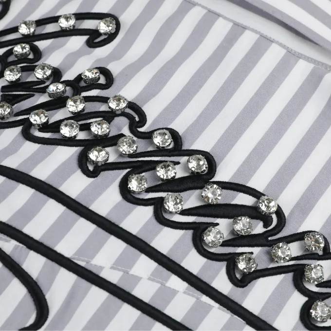 Men's 100% Cotton Bead Embroidery Stripes Patchwork Two-pieces Casual Long Sleeve Button-up Shirts