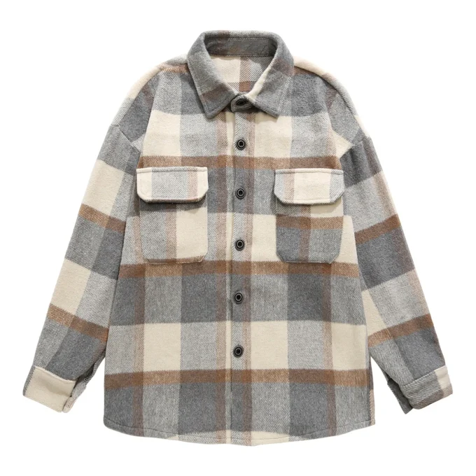Men's New Button Style Coat Jacket Plaid Print Double Pockets Flannel Woolen Shirt Coat Jacket