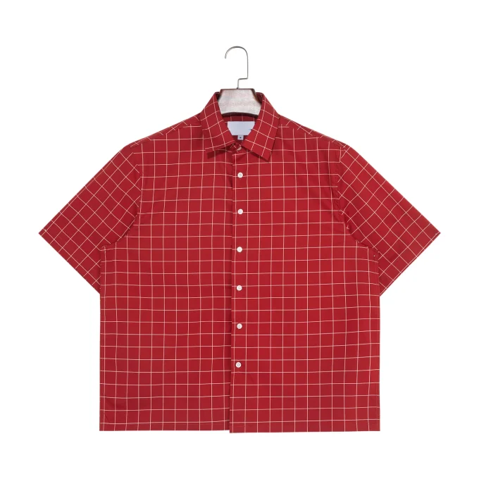Summer Cropped Button up Shirt 100% Cotton Casual Square Collar Red Plaid Short Sleeve Shirt