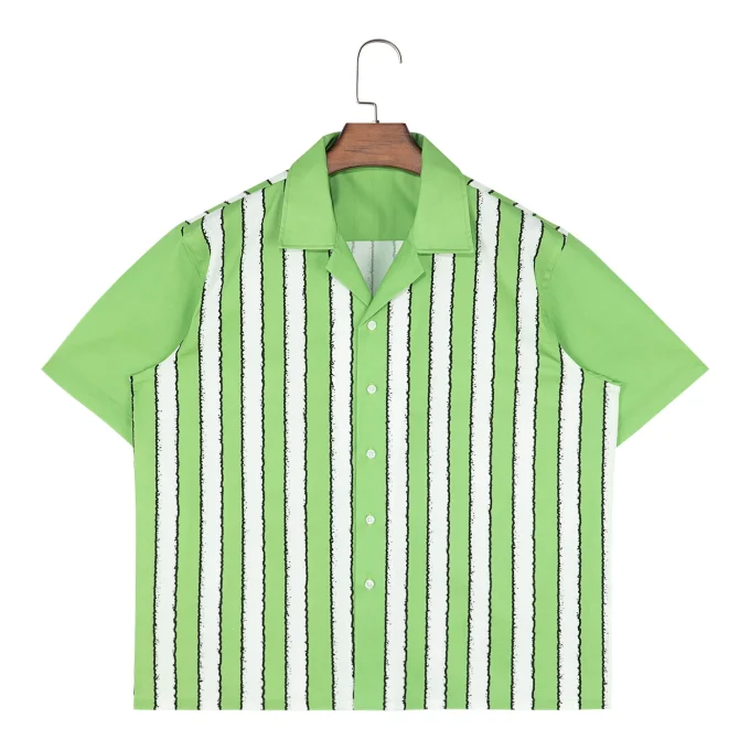 New Arrivals Innovative Design Short Sleeve Shirts Summer Beach Vacation Aesthetic Green Striped Button Down Shirt for Men Boxy