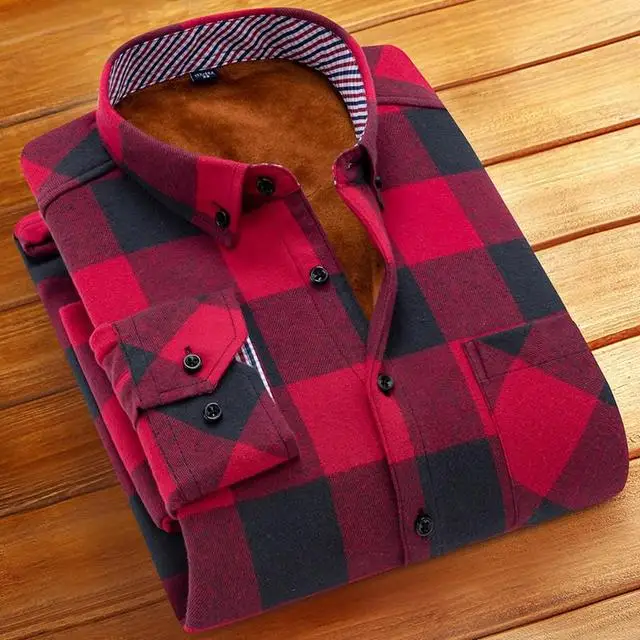 Men Excellent Tailoring Mandarin Collar Thicken Flannel Plaid Shirt