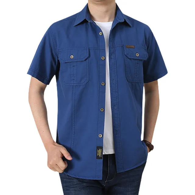 Men Short Sleeve Solid Color Button up Collar Shirt 100% Cotton Oxford Casual Shirt