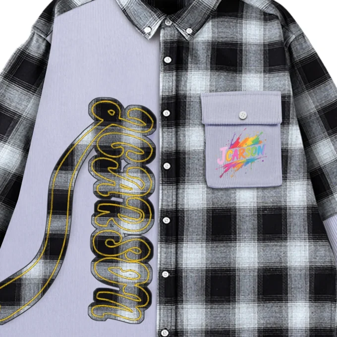 New Design Men's Long Sleeve Shirts with Patchwork Plaid Applique and Button Down Collar 100% Cotton Anti-Wrinkle for Autumn