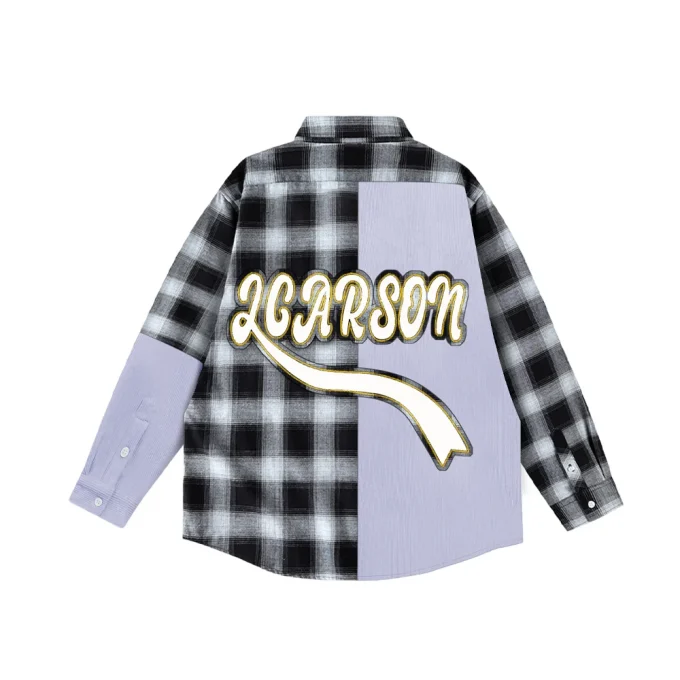 New Design Men's Long Sleeve Shirts with Patchwork Plaid Applique and Button Down Collar 100% Cotton Anti-Wrinkle for Autumn