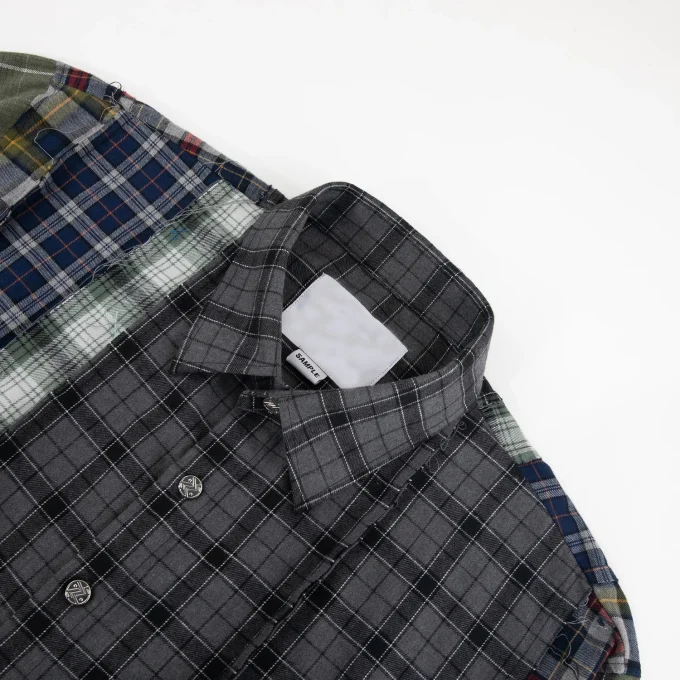 Streetwear Shirts Embroidery Multicolor Patchwork Distressed Plaid Long Sleeve Flannel Shirts for Men