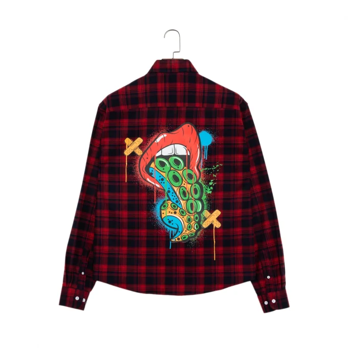 High Quality Autumn Winter Long Sleeve Button up Shirts Brushed Flannel Printed Embroidery Plaid Casual Shirts for Men