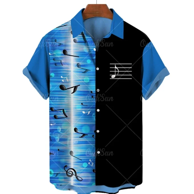 Retro Casual Men's Shirt Summer Fashion Casual Loose Hawaiian Flower Shirt Short-sleeved Single Breasted Musical Note Shirt Male