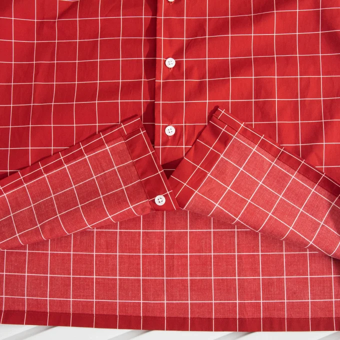 Summer Cropped Button up Shirt 100% Cotton Casual Square Collar Red Plaid Short Sleeve Shirt