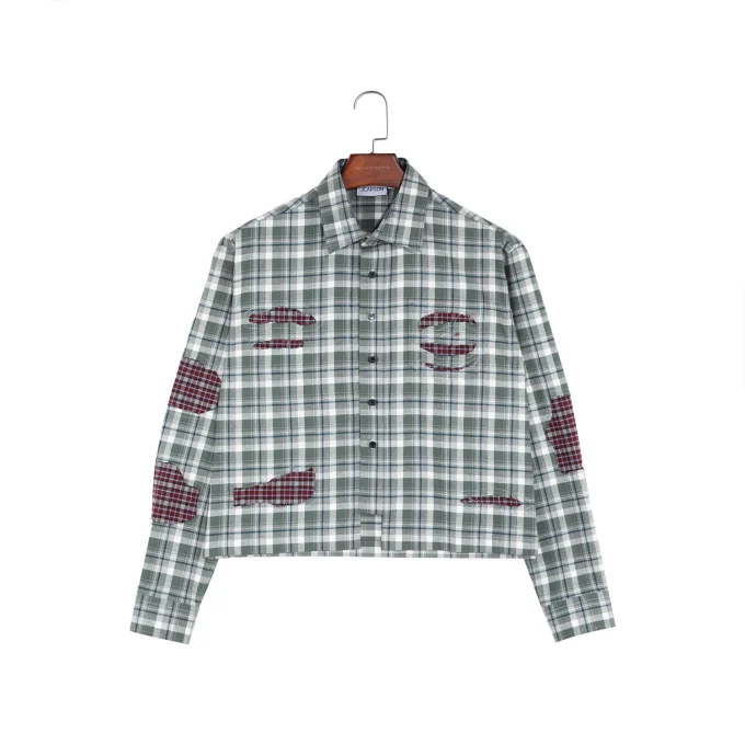 Cotton Vintage Wash Rhinestone Flannel Plaid Long Sleeve Shirt for Men Distressed Effect Patchwork Men's Social Shirts
