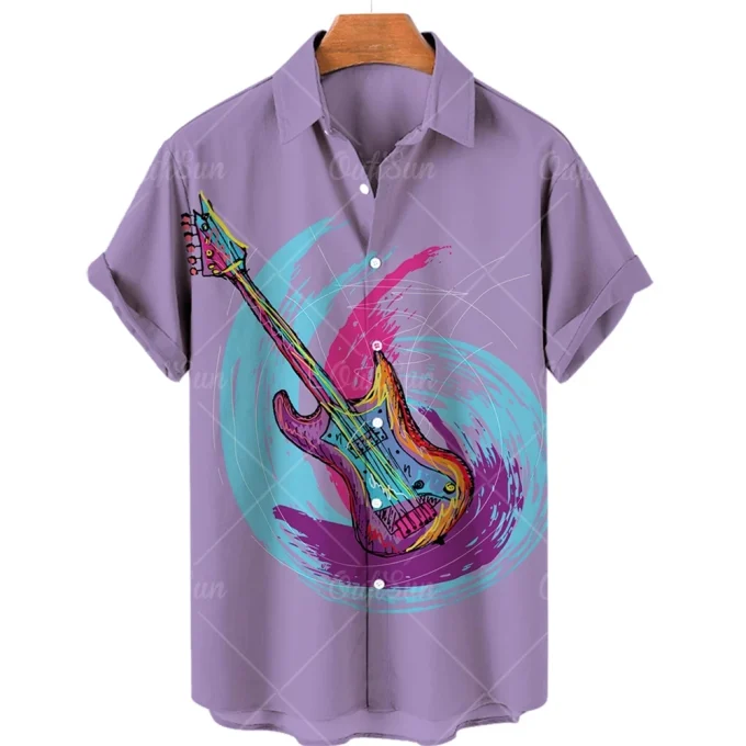 Retro Casual Men's Shirt Summer Fashion Casual Loose Hawaiian Flower Shirt Short-sleeved Single Breasted Musical Note Shirt Male