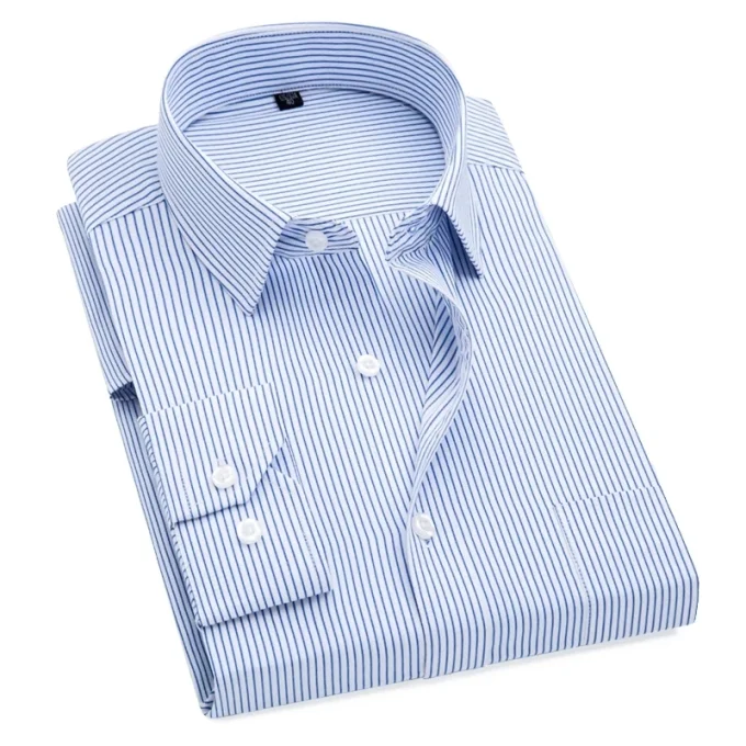 Men Plus Size Formal Shirts Striped Long Sleeved Non-iron Slim Fit Dress Shirts Solid Twill Button Down