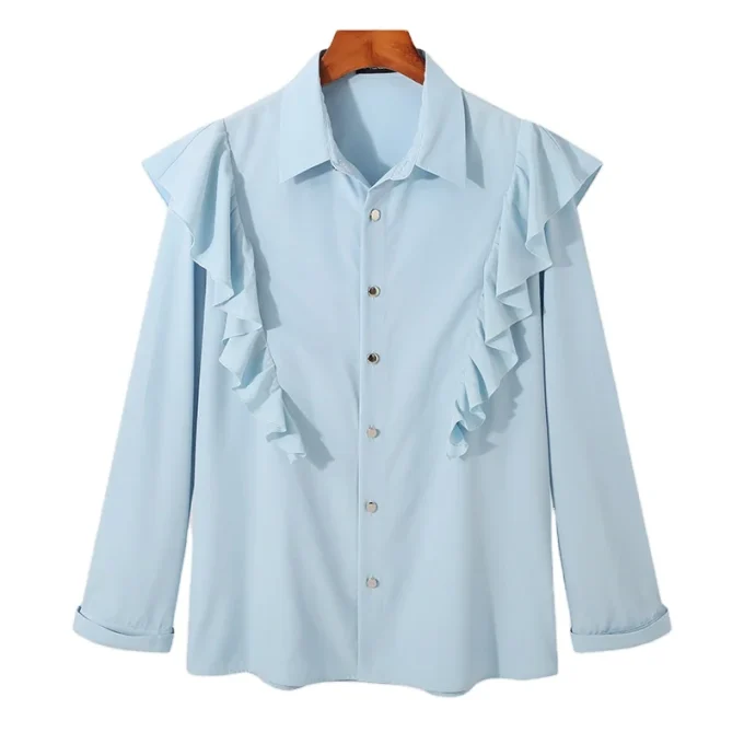 Fashion Shirt Men Solid Color Lapel Long Sleeve Elegant Ruffle Dress Button Streetwear Casual Shirts Men