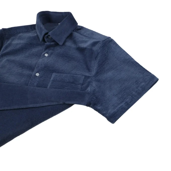 High Quality Men's Casual Embroidered Corduroy Dark Blue Short Sleeve Shirts
