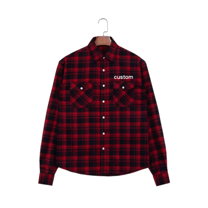 High Quality Autumn Winter Long Sleeve Button up Shirts Brushed Flannel Printed Embroidery Plaid Casual Shirts for Men