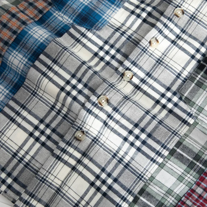 Men's Summer Flannel Patchwork Shirt Casual Style White Plaid Crocheted Beaded Short Sleeve Service Available