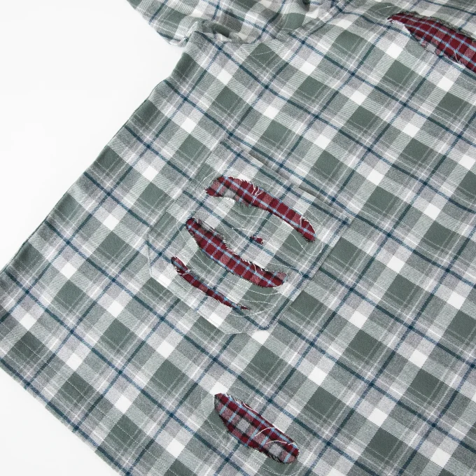 Cotton Vintage Wash Rhinestone Flannel Plaid Long Sleeve Shirt for Men Distressed Effect Patchwork Men's Social Shirts