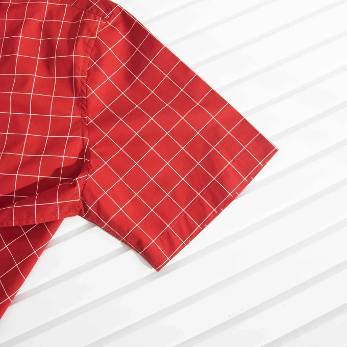 Summer Cropped Button up Shirt 100% Cotton Casual Square Collar Red Plaid Short Sleeve Shirt