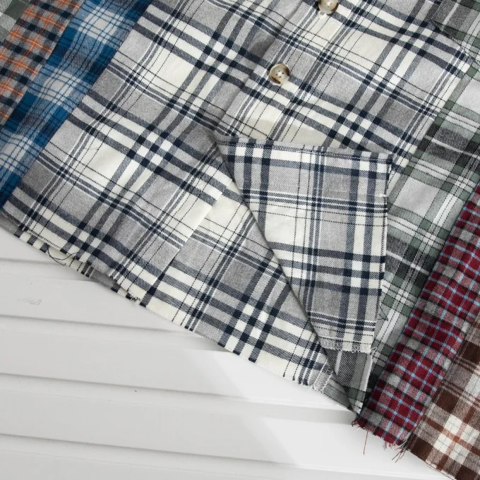 Men's Summer Flannel Patchwork Shirt Casual Style White Plaid Crocheted Beaded Short Sleeve Service Available