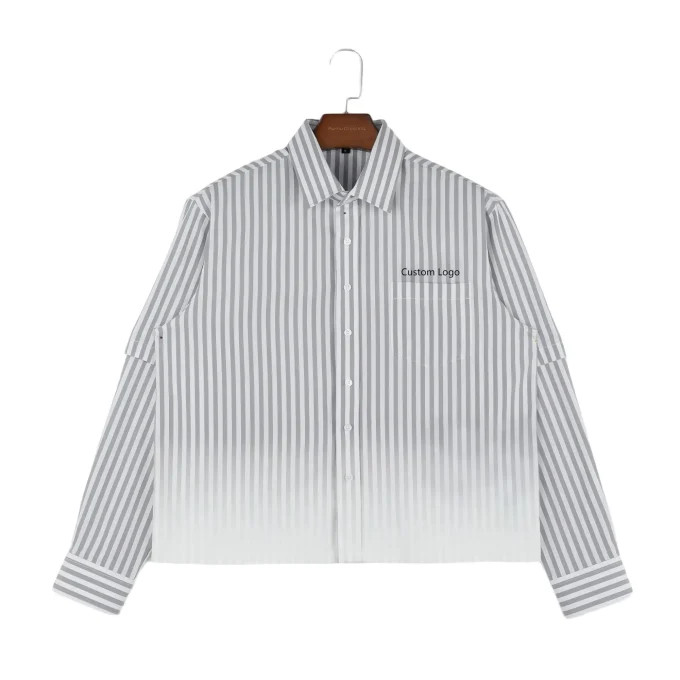 Men's 100% Cotton Bead Embroidery Stripes Patchwork Two-pieces Casual Long Sleeve Button-up Shirts