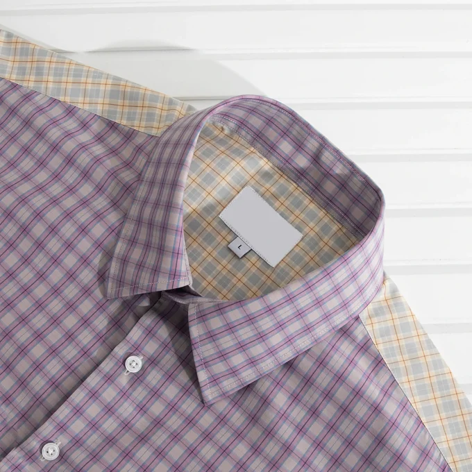 Men's Summer Plaid Shirt Casual Fabric Splicing Hit Color Style Light Purple Short Sleeve Anti-Pilling Available