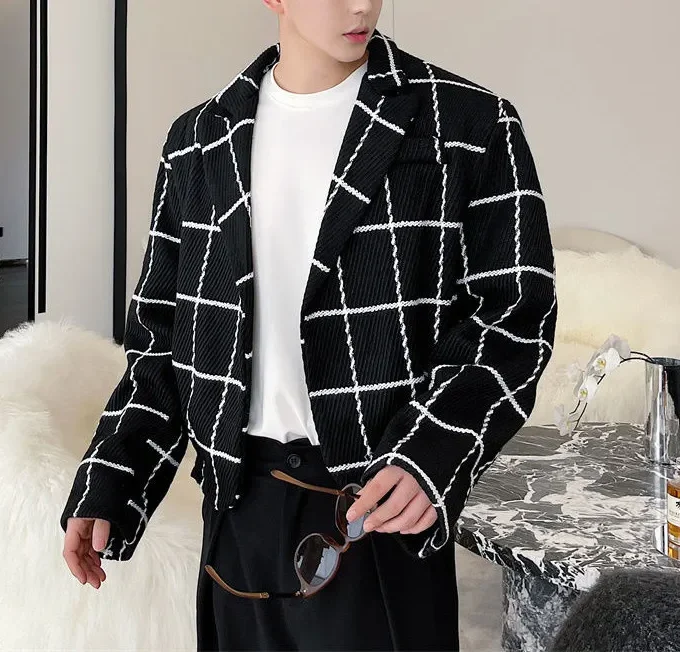Fashion Chic Plaid Jacket Men's Korean Style Tweed New Loose Long Sleeve Vintage Autumn Winter Short Coat