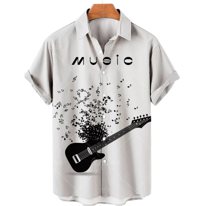 Retro Casual Men's Shirt Summer Fashion Casual Loose Hawaiian Flower Shirt Short-sleeved Single Breasted Musical Note Shirt Male