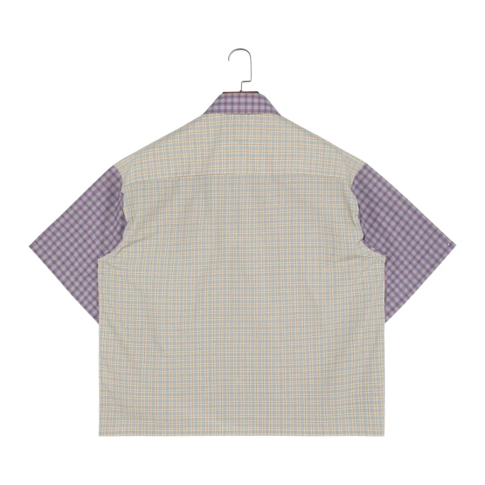 Men's Summer Plaid Shirt Casual Fabric Splicing Hit Color Style Light Purple Short Sleeve Anti-Pilling Available