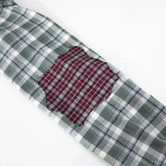 Cotton Vintage Wash Rhinestone Flannel Plaid Long Sleeve Shirt for Men Distressed Effect Patchwork Men's Social Shirts