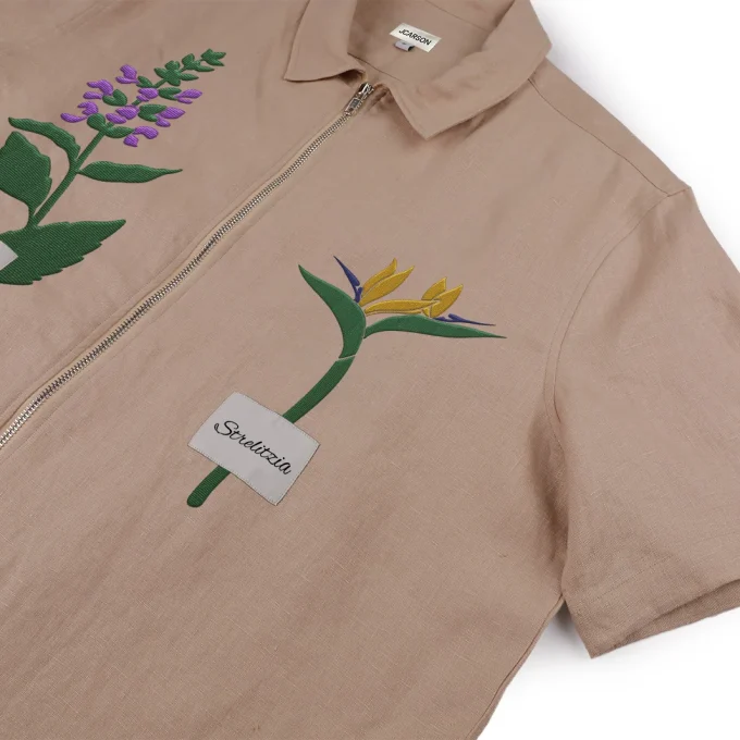 100% Linen Floral Anti-wrinkle Breathable Men's Boxy Style Embroidery Zip-up Short Sleeve Shirts