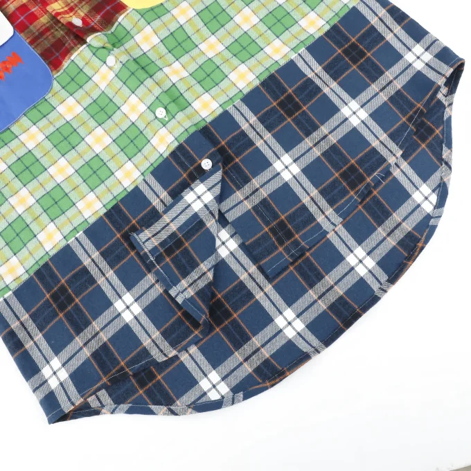 New Arrival Patchwork Plaid Dirty Wash Reversed Placket Men's Long Sleeve Flannel Shirts