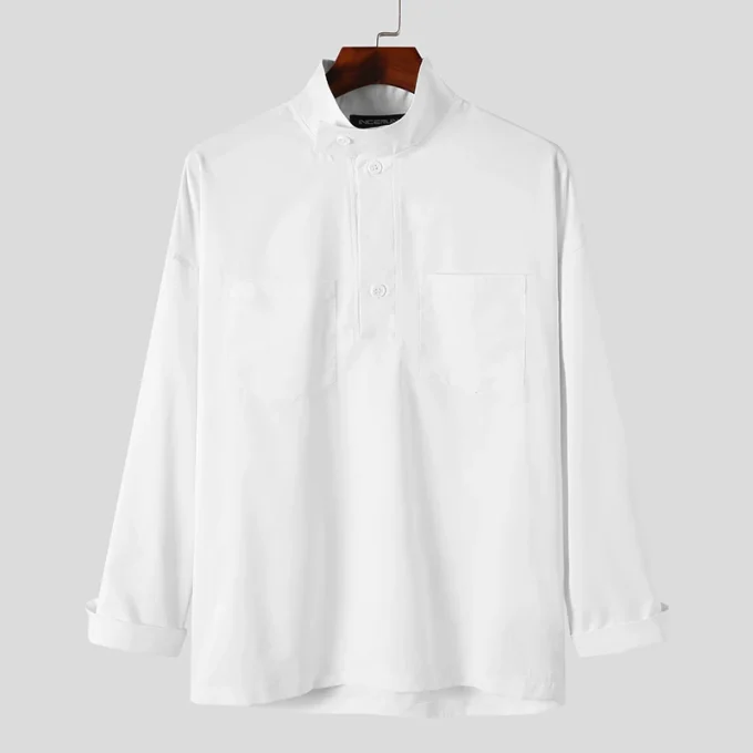 2025 Solid Color Men Shirt Stand Collar Long Sleeve Streetwear Fashion Design Casual Pockets Simple Men Shirt