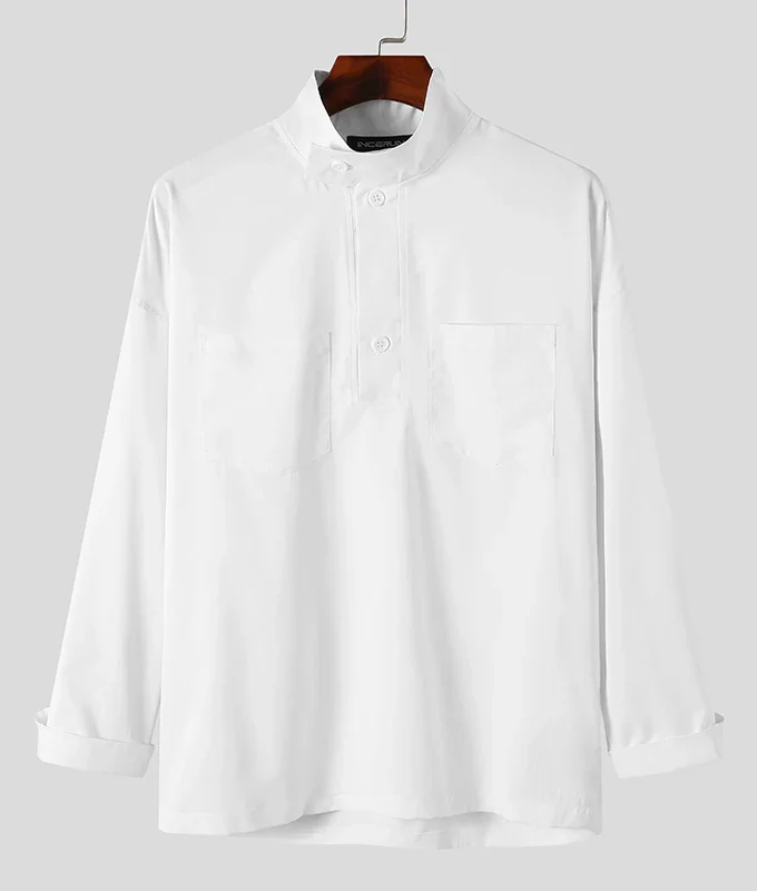 2025 Solid Color Men Shirt Stand Collar Long Sleeve Streetwear Fashion Design Casual Pockets Simple Men Shirt