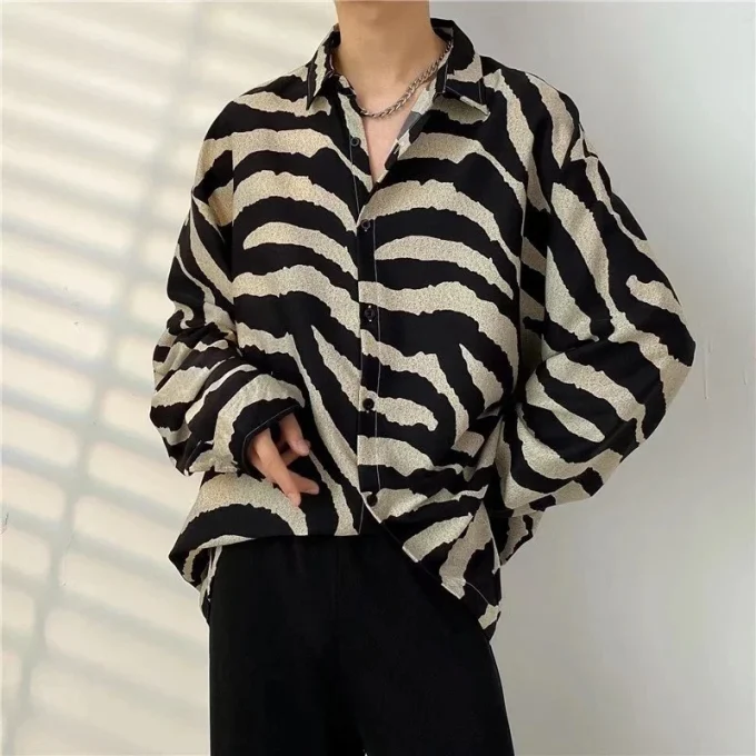 Zebra Striped Long Sleeve Shirts Men Fashion Korean Style Casual Tops Button up Oversize Shirt Men