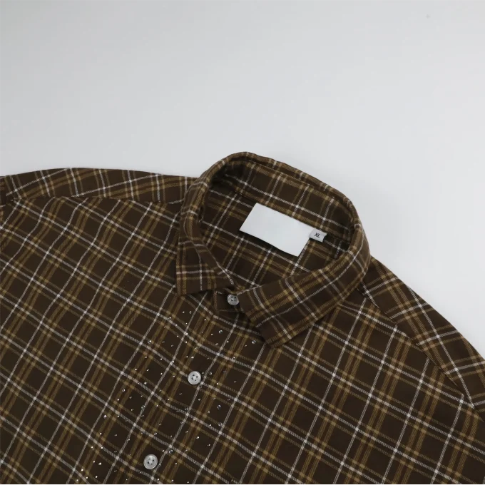 Vintage Style Men's Patchwork Flannel Rhinestone Plaid Long Sleeve Autumn 100% Cotton Shirts