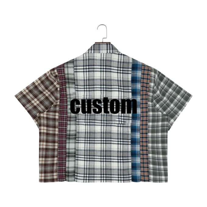 Men's Summer Flannel Patchwork Shirt Casual Style White Plaid Crocheted Beaded Short Sleeve Service Available